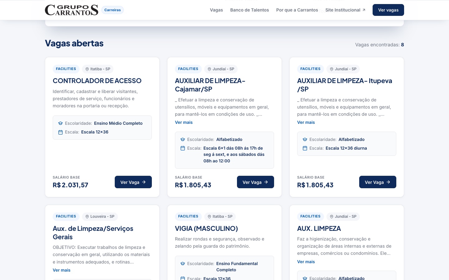 Lista de vagas no computador: cards com área, cidade, escolaridade, escala, salário e botão Ver vaga