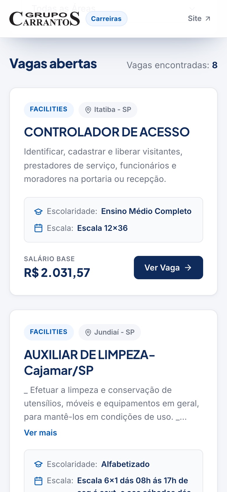Lista de vagas no celular, um card por vez