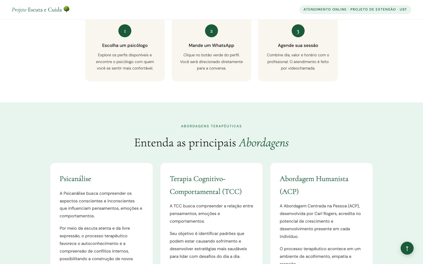 Seção Como funciona, com os três passos, e a explicação das abordagens terapêuticas