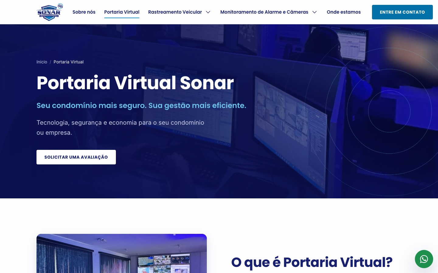 Página da Portaria Virtual: título sobre a foto da central, com os anéis de sonar à direita