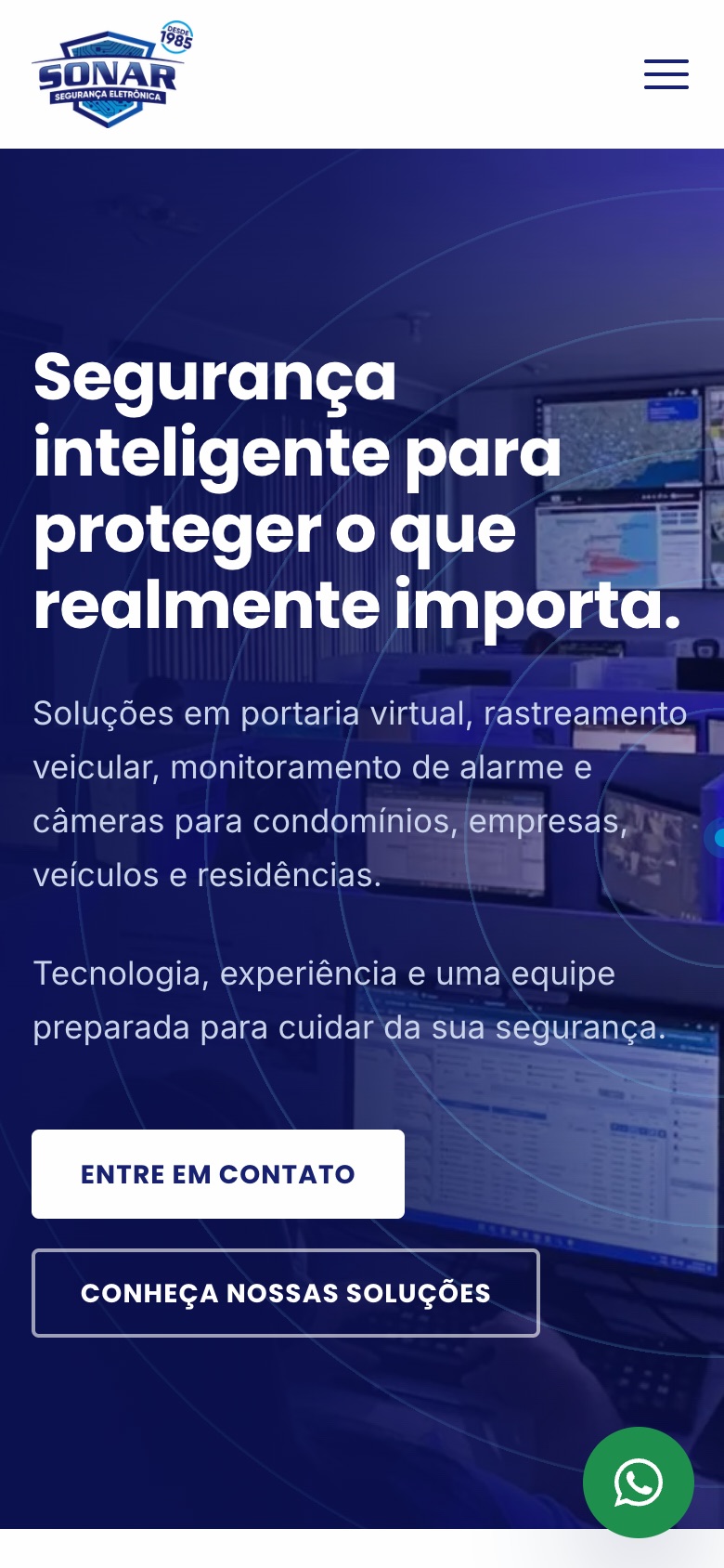 Início do site no celular, com os botões Entre em contato e Conheça nossas soluções